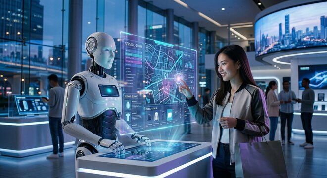 A young woman interacting with a humanoid service robot and a holographic map interface in a futuristic retail mall.
