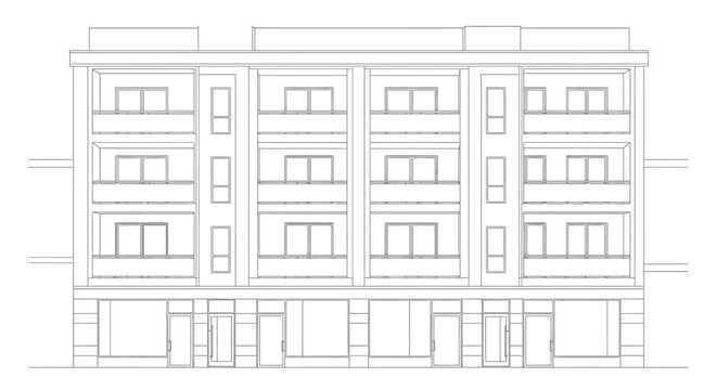 Architectural line drawing of a multi-story building facade featuring ground-floor shops and upper-floor apartments with balconies.