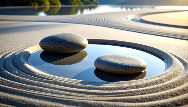 Serene Zen Garden with Raked Sand and Water Feature.