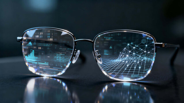 Minimalist glasses with crystalline lenses on dark surface