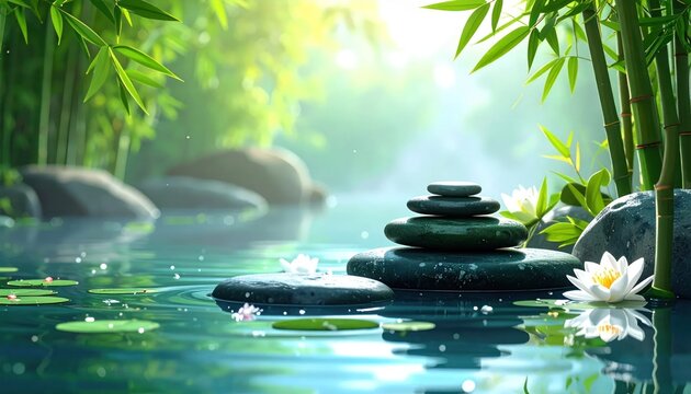 Serene Zen Garden with Stacked Stones and Bamboo Forest.