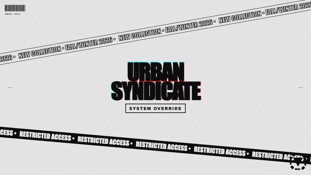 Animated text, Urban Syndicate logo with restricted access tape, dynamic motion graphics on colored background, symbolizing exclusivity and modern branding, seamless loop.