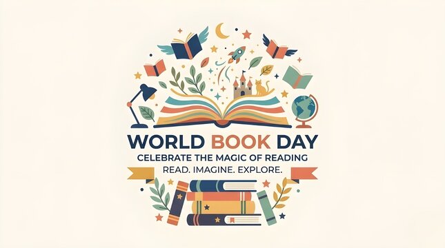 World Book Day Concept with People Reading, Open Books, and Magic Imagination Elements for Literacy and Education Awareness