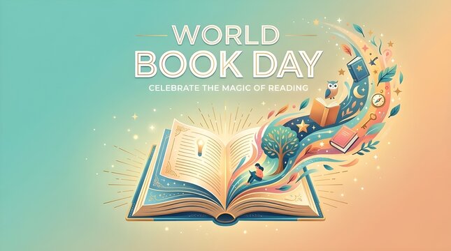 World Book Day Concept with People Reading, Open Books, and Magic Imagination Elements for Literacy and Education Awareness