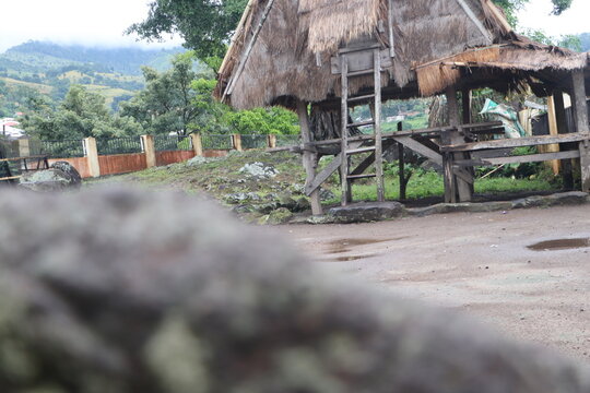 Minimalist heritage: The iconic silhouette of an Uma Leme traditional house in Bima with ample blue sky copy space for text.