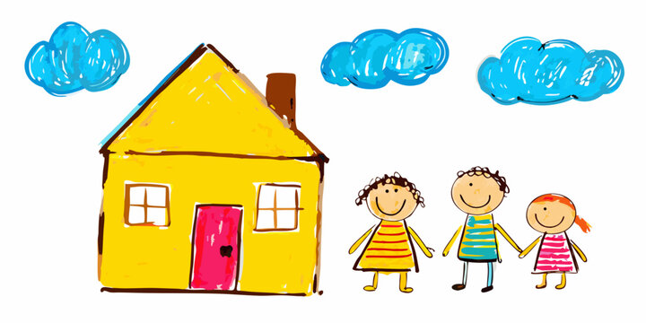 A child s drawing depicts a yellow house with a family standing outside