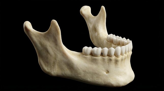 Realistic 3D rendering of human lower jaw bone mandible with white teeth isolated on black background.