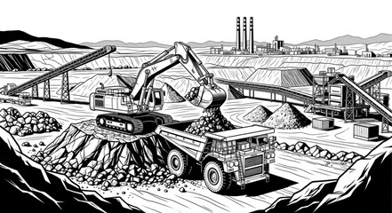 Heavy machinery excavating and loading rocks onto a large dump truck at a quarry. © Nenti