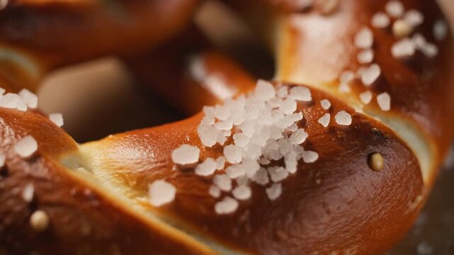 Close-up of a salty pretzel with coarse salt on top being served