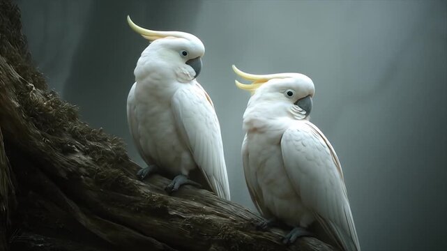 Two white parrots perched on a branch against a dark background