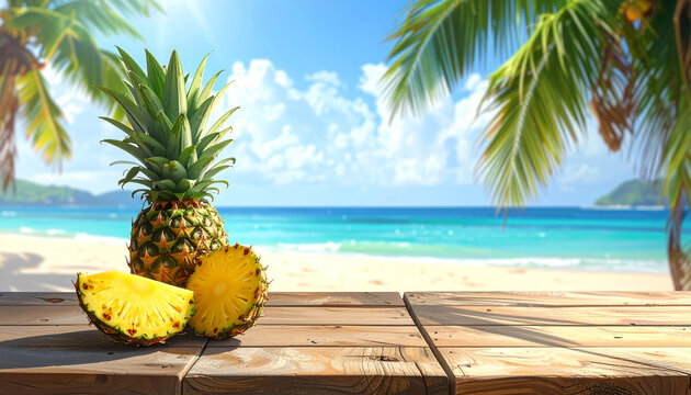 Fresh pineapple on wooden table at beach