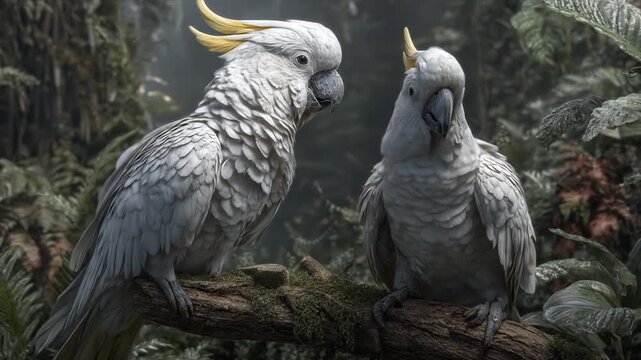 Two white parrots with yellow crests perch on a branch amidst lush foliage