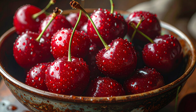 Fresh red cherries in rustic bowl