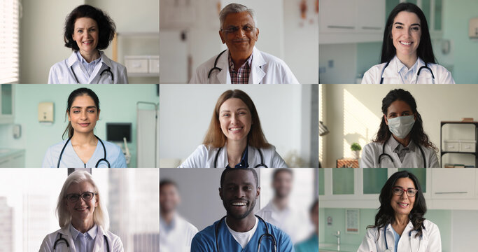 Senior and young doctors of different races wearing uniforms, posing in hospital for head shot portraits, looking at camera, smiling. People in medicine, medical occupation, profession collage