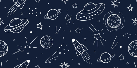 Whimsical space doodles rockets planets stars and ufo s on navy © Buddiswar