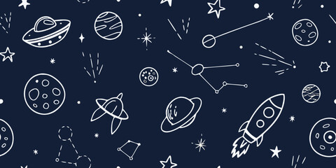 A playful dark blue background filled with hand drawn space objects © Buddiswar