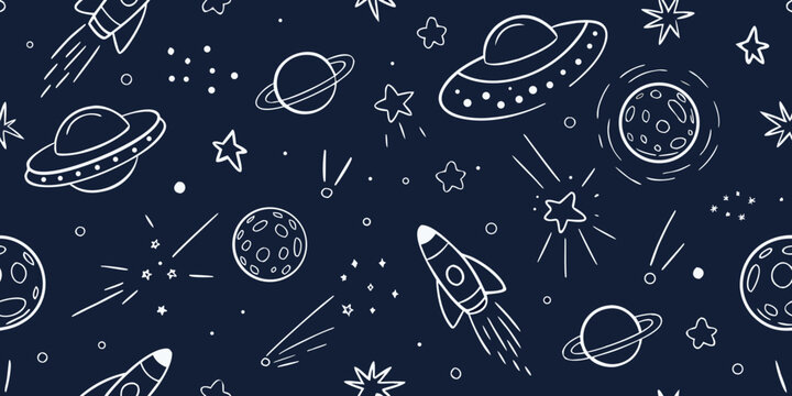 Whimsical space doodles rockets planets stars and ufo s on navy