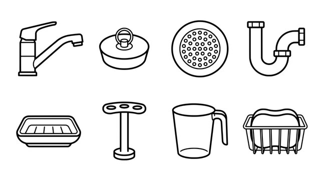 Bathroom fixtures and accessories outline illustrations vector set