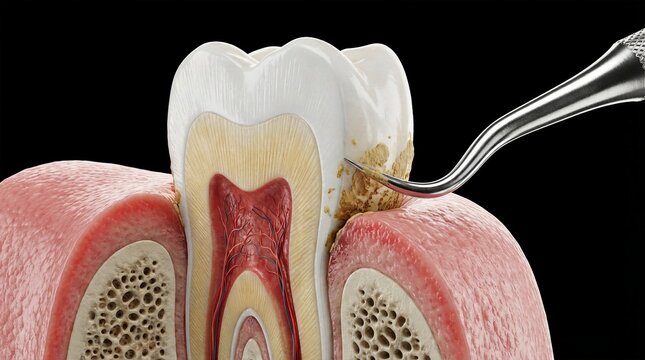 3D cross section of human molar showing severe plaque buildup and tartar removal with dental tool.