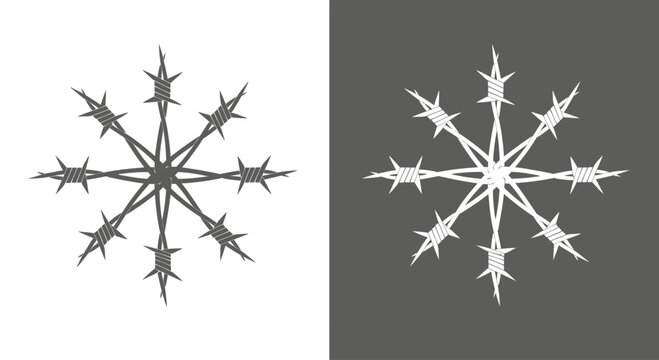 barbed wire snowflake graphic, sharp winter symbol, grunge texture, dark and light background