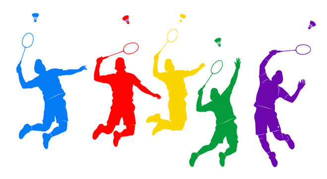 Colorful Badminton Players Jumping and Smashing Shuttlecocks in Action