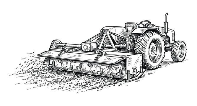 Tractor with rotary tiller attached, preparing soil on a farm field