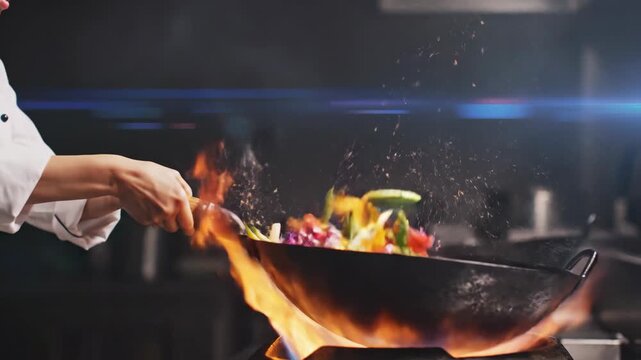 Stirring Action Pan Fire in Kitchen Demonstrating Safe Cooking in Dynamic Studio Setting
