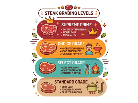 Infographic: Steak grading levels, supreme prime to standard, detailing beef quality, marbling, and tenderness.