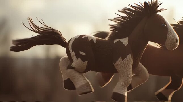 Two doll-style horses running side by side, synchronous movement, hand-crafted textures with fine stitching, cinematic wide shots, depth of field, smooth animation