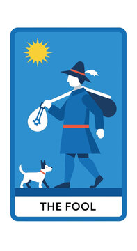 The Fool Tarot Card with Dog and Sun, Minimalist Illustration