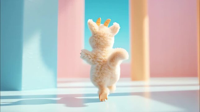 A goat in doll style dancing happily in a bright open space, soft daylight, clean pastel tones, smooth looping motion, cheerful vibe, high key lighting