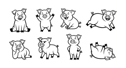 Obraz premium Collection of playful cartoon pigs in various adorable poses isolated on a clean white background perfect