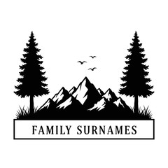 Obraz premium Majestic mountain range silhouette with pine trees and birds set against a white background perfect for family heritage