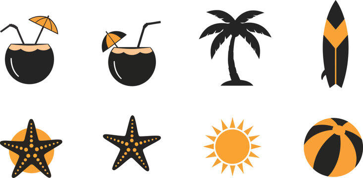 Summer icons, beach symbols, tropical signs, black and orange graphics