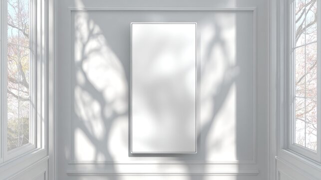 Blank vertical frame hangs prominently on a white paneled wall receiving dappled sunlight and shadow from nearby windows.
