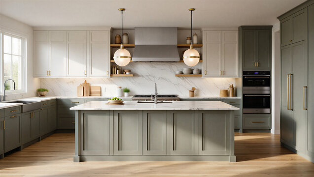 Elegant Modern Kitchen with Sage Green Cabinets, Marble Backsplash, and Large Central Island
