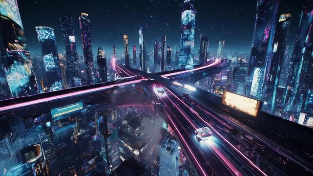 A futuristic, neon-lit cityscape with towering structures and illuminated highways