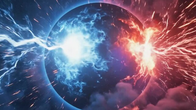 Abstract cosmic sphere representing the conflict of fire and ice with lightning bolts and energy explosions in deep space.