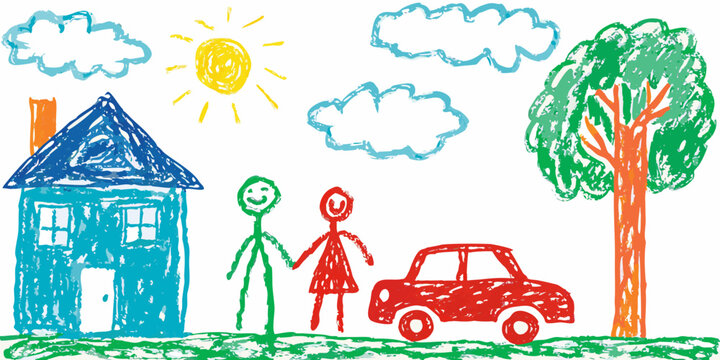 Child s drawing depicts a house family car and bright sunny sky