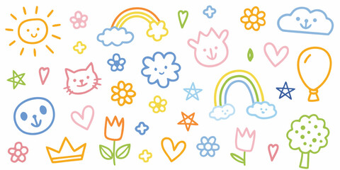 Colorful doodle illustrations of a sun rainbow flowers and happy faces © Shabita