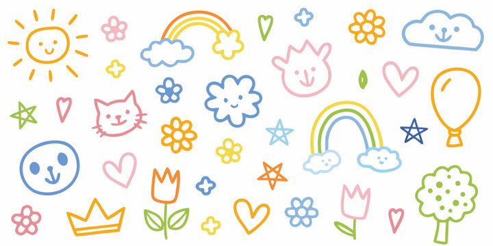 Colorful doodle illustrations of a sun rainbow flowers and happy faces