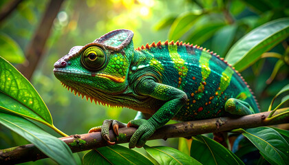 Fototapeta premium Vibrant chameleon on a tree branch