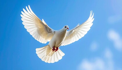 Fototapeta premium White dove flying in clear blue sky