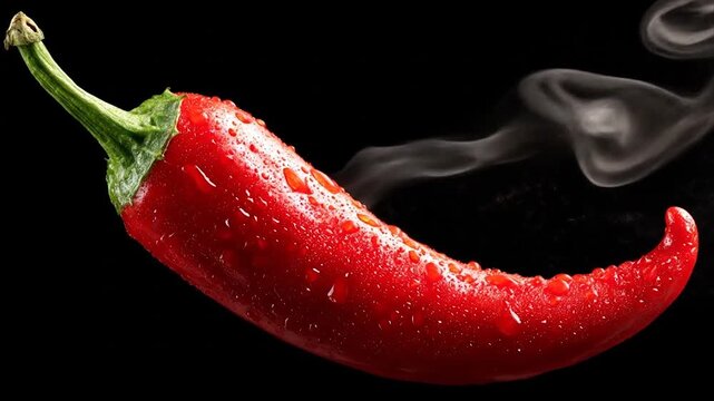 Vibrant red chili pepper with water droplets and subtle steam on black