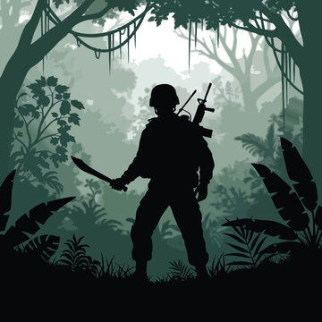 Silhouette of a Soldier with a Rifle in a Dense Forest Scene