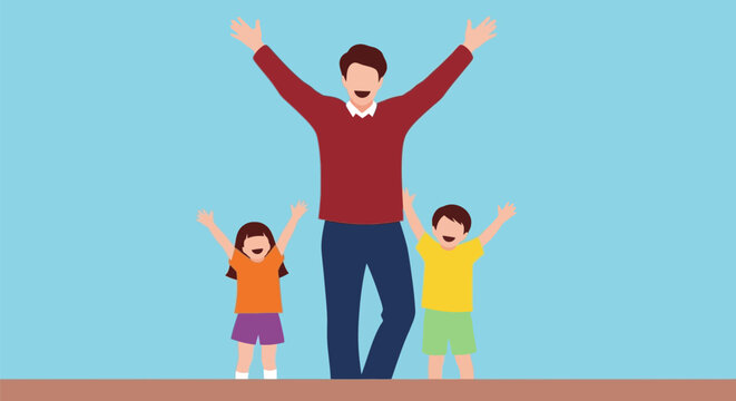Happy family with father and two children raising hands in joy.