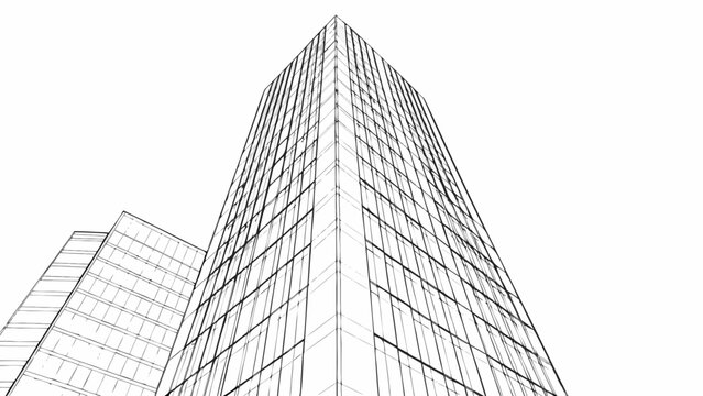 Architectural rendering of a modern skyscraper in a wireframe style
