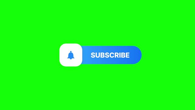 Blue subscribe button with ringing bell icon on green chroma key background. Bold white text on rounded pill design. Video channel follow animation. Content creator and digital media concept.