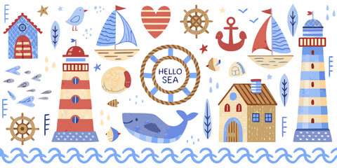 Fototapeta premium Colorful nautical themed illustrations featuring boats lighthouses and marine life