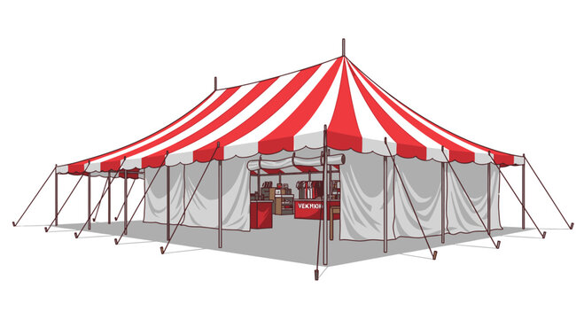 Red and White Striped Circus Tent with Booths Inside